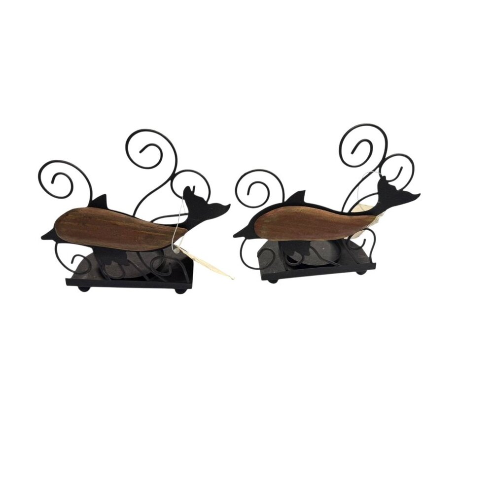 Wooden & Metal Fish Decor Candle Holder Set